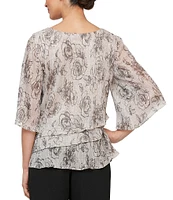 Alex Evenings 3/4 Sleeve Crew Neck Asymmetrical Tiered Hem Printed Blouse