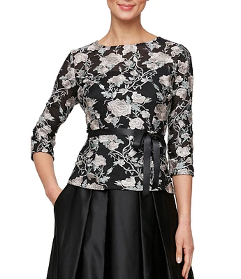 Alex Evenings 3/4 Sleeve Crew Neck Tie Waist Embroidered Floral Blouse