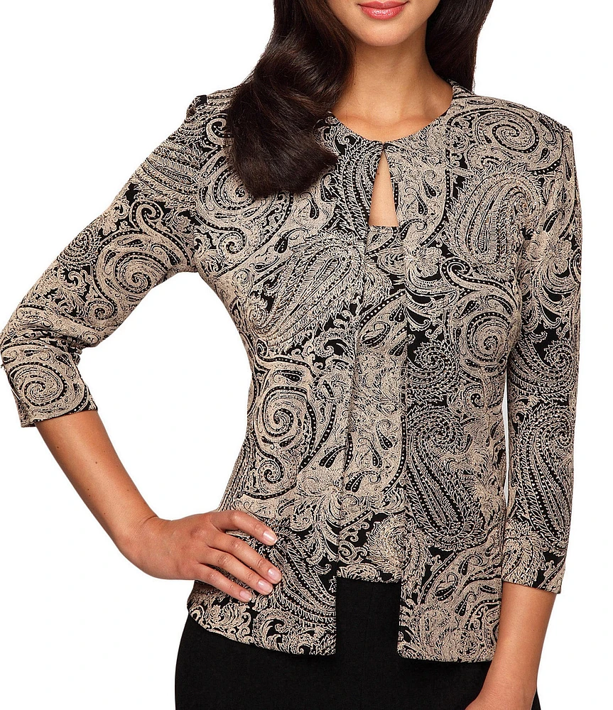 Alex Evenings Scoop Neck 3/4 Sleeve Glitter Printed Twinset