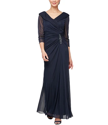 Alex Evenings 3/4 Sleeve Portrait Collar Embellishment Detail Ruched Skirt Gown