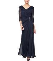 Alex Evenings 3/4 Sleeve Portrait Collar Embellishment Detail Ruched Skirt Gown