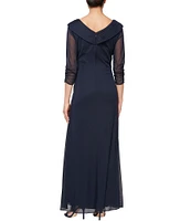 Alex Evenings 3/4 Sleeve Portrait Collar Embellishment Detail Ruched Skirt Gown