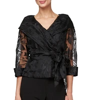 Alex Evenings 3/4 Sleeve Portrait Collar Tie Waist Floral Blouse