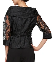Alex Evenings 3/4 Sleeve Portrait Collar Tie Waist Floral Blouse