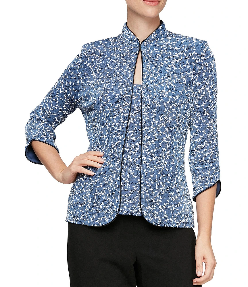 Alex Evenings Mock Neck 3/4 Sleeve Piping Glitter Embellished Printed 2-Piece Twinset