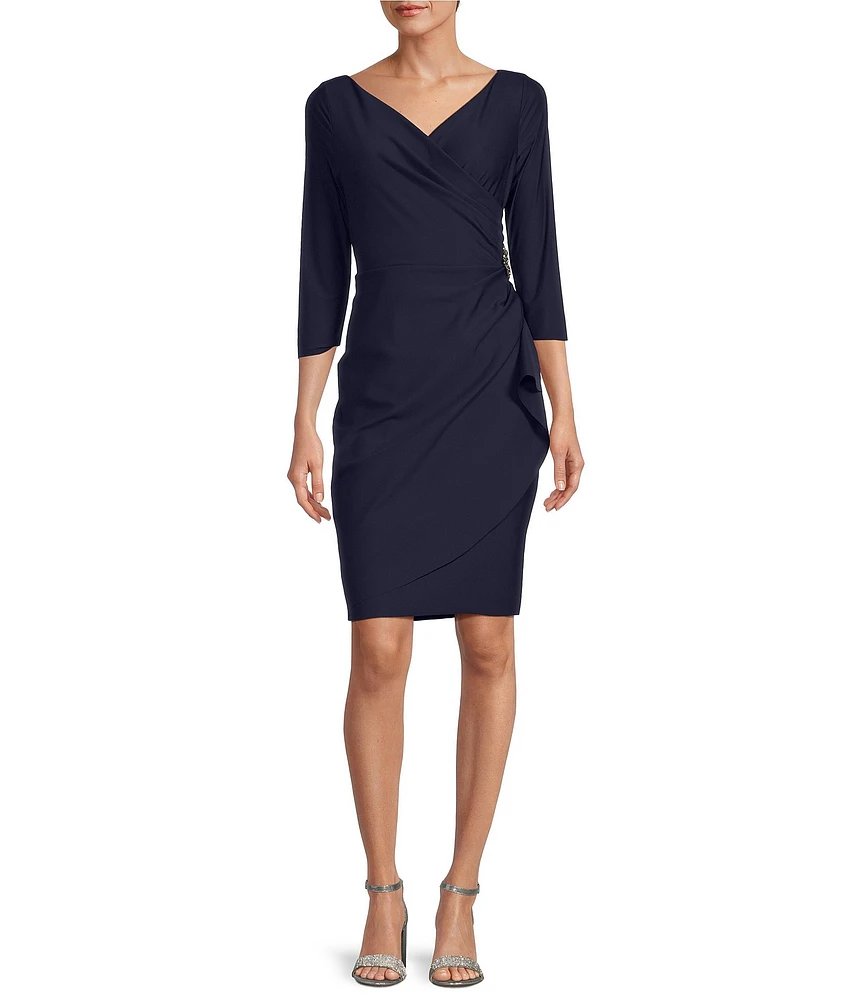 Alex Evenings Surplice V-Neck 3/4 Sleeve Ruffle Beaded Hip Detail Scuba Compression Sheath Dress