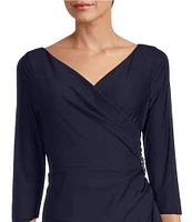 Alex Evenings Surplice V-Neck 3/4 Sleeve Ruffle Beaded Hip Detail Scuba Compression Sheath Dress