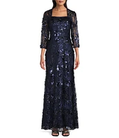 Alex Evenings 3/4 Sleeve Square Neck Sequin Gown