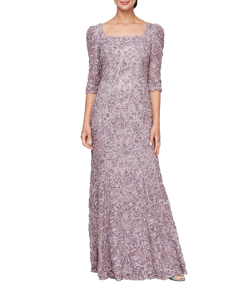Alex Evenings 3/4 Sleeve Square Neck Soutache Lace Sheath Dress