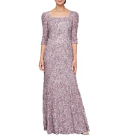 Alex Evenings 3/4 Sleeve Square Neck Soutache Lace Sheath Dress