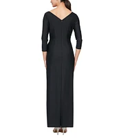 Alex Evenings 3/4 Sleeve Surplice V-Neck Cascade Ruffle Skirt Gown