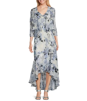 Alex Evenings 3/4 Sleeve V-Neck High/Low Ruffle Hem Printed Chiffon 2-Piece Jacket Dress