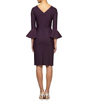 Alex Evenings Scuba Crepe Round Neck 3/4 Bell Sleeve Embellished Brooch Cascade Ruffle Compression Sheath Dress