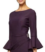 Alex Evenings Scuba Crepe Round Neck 3/4 Bell Sleeve Embellished Brooch Cascade Ruffle Compression Sheath Dress