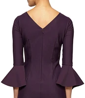 Alex Evenings Scuba Crepe Round Neck 3/4 Bell Sleeve Embellished Brooch Cascade Ruffle Compression Sheath Dress