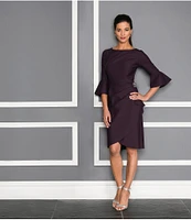 Alex Evenings Scuba Crepe Round Neck 3/4 Bell Sleeve Embellished Brooch Cascade Ruffle Compression Sheath Dress