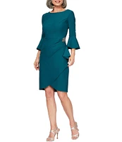 Alex Evenings Scuba Crepe Round Neck 3/4 Bell Sleeve Embellished Brooch Cascade Ruffle Compression Sheath Dress