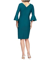 Alex Evenings Scuba Crepe Round Neck 3/4 Bell Sleeve Embellished Brooch Cascade Ruffle Compression Sheath Dress