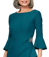 Alex Evenings Scuba Crepe Round Neck 3/4 Bell Sleeve Embellished Brooch Cascade Ruffle Compression Sheath Dress