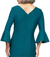 Alex Evenings Scuba Crepe Round Neck 3/4 Bell Sleeve Embellished Brooch Cascade Ruffle Compression Sheath Dress