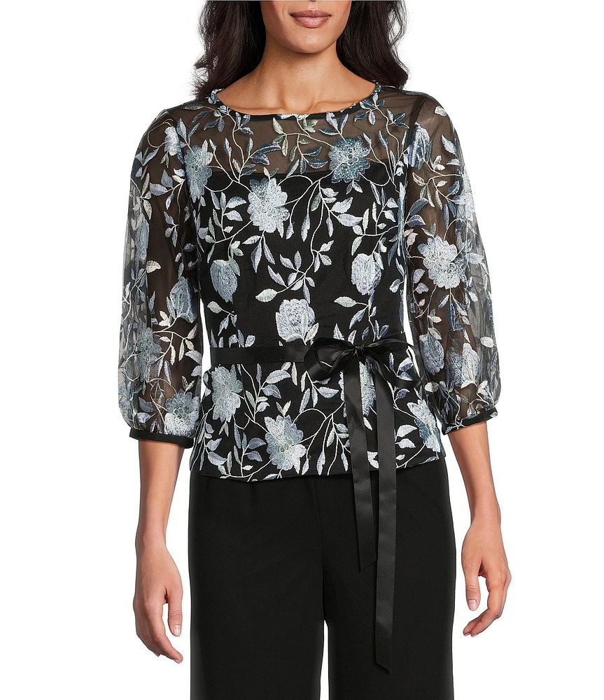 Alex Evenings Boat Neck 3/4 Illusion Sleeve Tie Sash Belt Embroidered Stretch Tulle Blouse