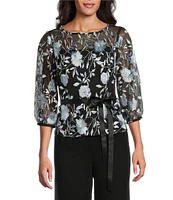 Alex Evenings Boat Neck 3/4 Illusion Sleeve Tie Sash Belt Embroidered Stretch Tulle Blouse