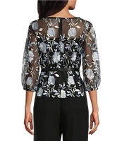 Alex Evenings Boat Neck 3/4 Illusion Sleeve Tie Sash Belt Embroidered Stretch Tulle Blouse