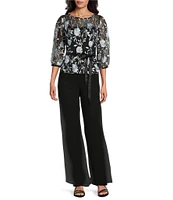 Alex Evenings Boat Neck 3/4 Illusion Sleeve Tie Sash Belt Embroidered Stretch Tulle Blouse