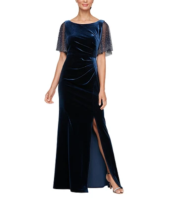 Alex Evenings Boat Neck Illusion Flutter Sleeve Front Slit Stretch Velvet Fit And Flare Dress