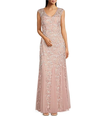 Alex Evenings Cap Sleeve V-Neck Godet Skirt Embroidered Gown