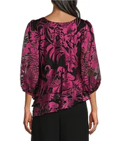 Alex Evenings Chiffon Boat Neck 3/4 Illusion Balloon Sleeve Asymmetric Tiered Hem Blouse