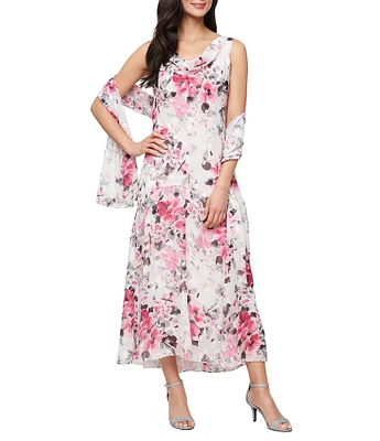 Alex Evenings Chiffon Floral Print High-Low Hem Slip Dress