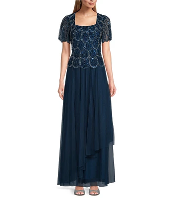 Alex Evenings Chiffon Hand Beaded Mock Square Neck Cascade Asymmetric Overlay A-Line Dress