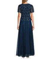 Alex Evenings Chiffon Hand Beaded Mock Square Neck Cascade Asymmetric Overlay A-Line Dress