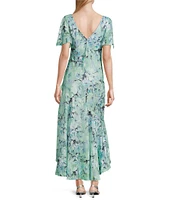 Alex Evenings Chiffon V-Neck Short Sleeve Tulip Overlay High-Low Hem Fit and Flare Dress