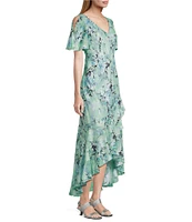 Alex Evenings Chiffon V-Neck Short Sleeve Tulip Overlay High-Low Hem Fit and Flare Dress