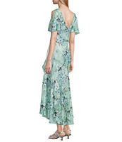 Alex Evenings Chiffon V-Neck Short Sleeve Tulip Overlay High-Low Hem Fit and Flare Dress