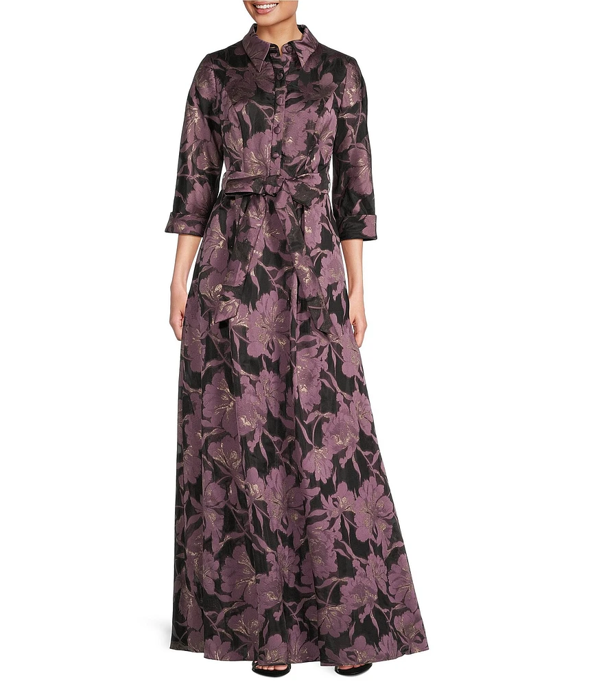 Alex Evenings Collared Neck 3/4 Sleeve Tie Sash Belt Jacquard Ball Gown
