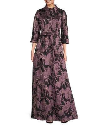 Alex Evenings Collared Neck 3/4 Sleeve Tie Sash Belt Jacquard Ball Gown