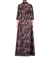 Alex Evenings Collared Neck 3/4 Sleeve Tie Sash Belt Jacquard Ball Gown