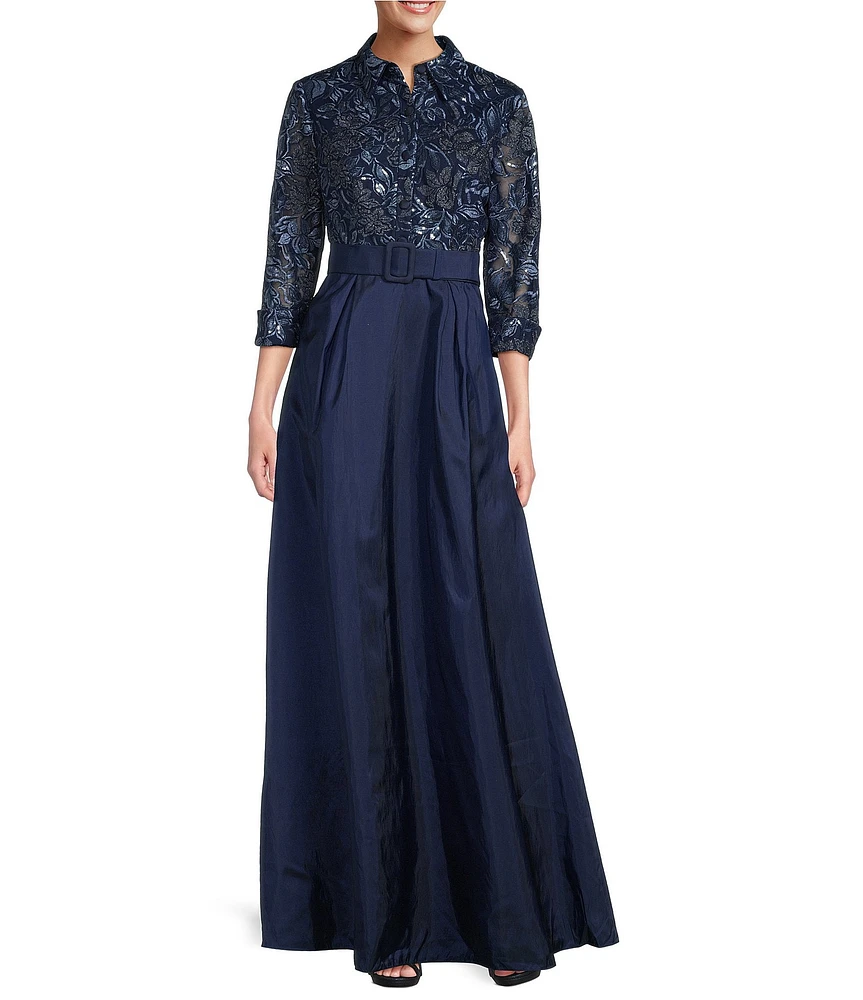 Alex Evenings Collared V Neck 3/4 Sleeve Belted A Line Stretch Tulle Gown