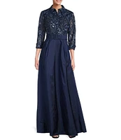 Alex Evenings Collared V Neck 3/4 Sleeve Belted A Line Stretch Tulle Gown