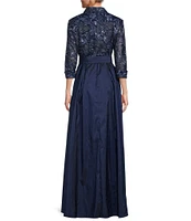 Alex Evenings Collared V Neck 3/4 Sleeve Belted A Line Stretch Tulle Gown