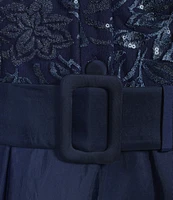 Alex Evenings Collared V Neck 3/4 Sleeve Belted A Line Stretch Tulle Gown