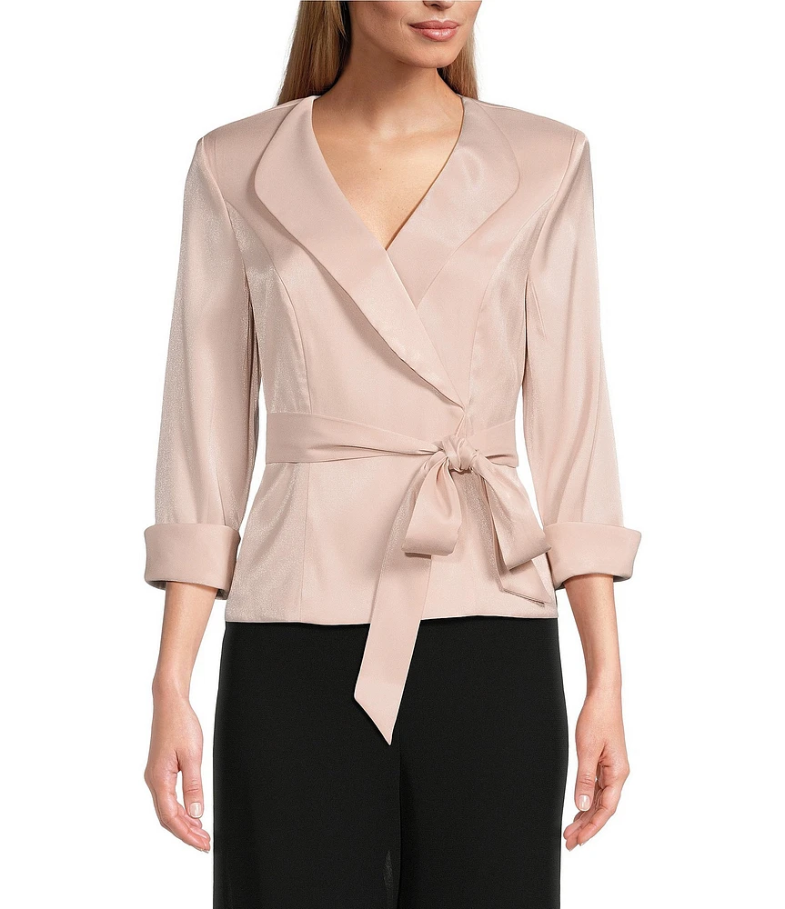 Alex Evenings Collared V Neck 3/4 Sleeve Tie Sash Wrap Blouse
