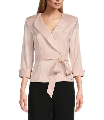 Alex Evenings Collared V Neck 3/4 Sleeve Tie Sash Wrap Blouse