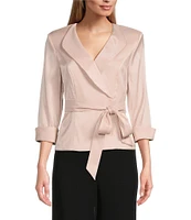 Alex Evenings Collared V Neck 3/4 Sleeve Tie Sash Wrap Blouse