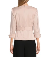 Alex Evenings Collared V Neck 3/4 Sleeve Tie Sash Wrap Blouse