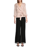 Alex Evenings Collared V Neck 3/4 Sleeve Tie Sash Wrap Blouse