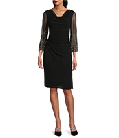 Alex Evenings Cowl Neck 3/4 Beaded Illusion Sleeve Metallic Knit Sheath Dress